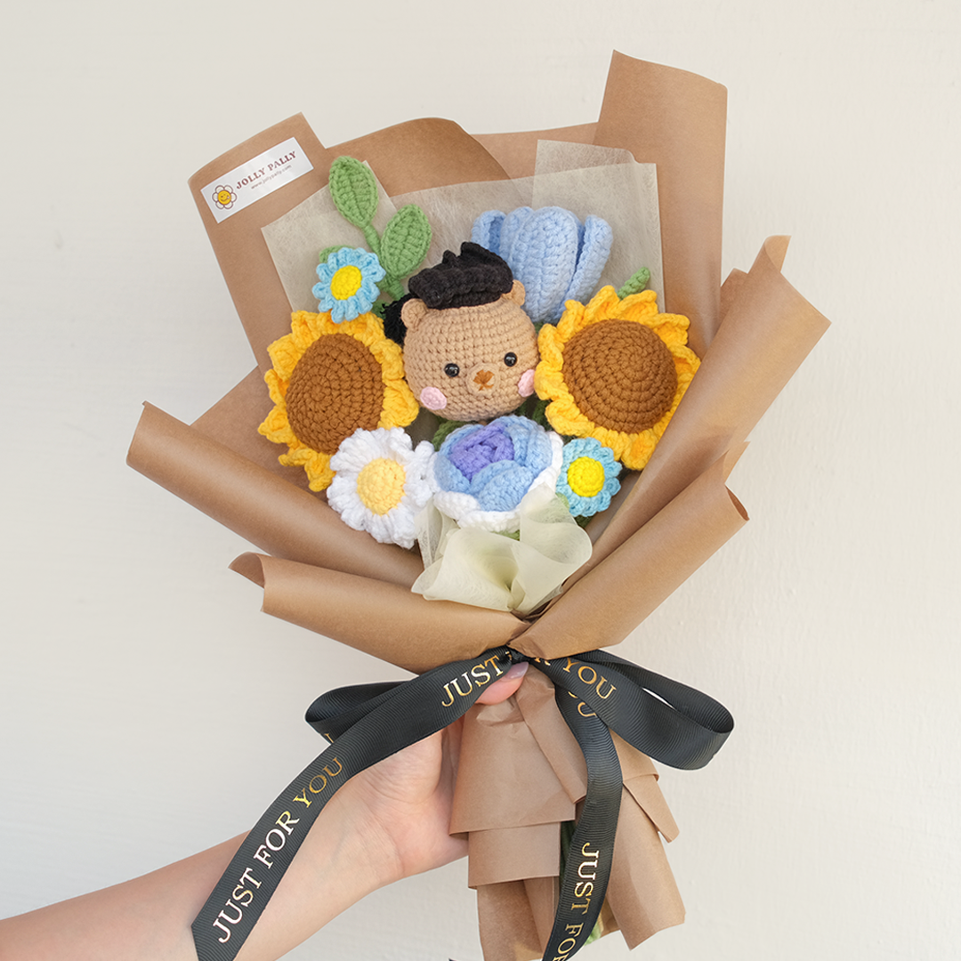 crochet graduation bear with handmade sunflower bouquet