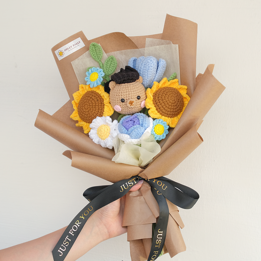 crochet graduation bear with handmade sunflower bouquet