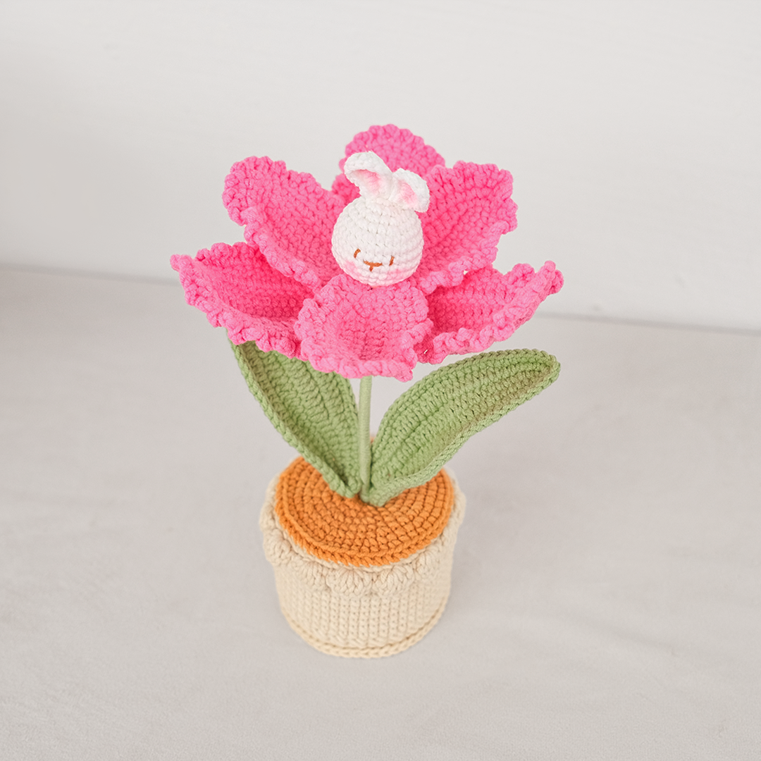 handmade crochet bunny flower tulip garden pot in pink