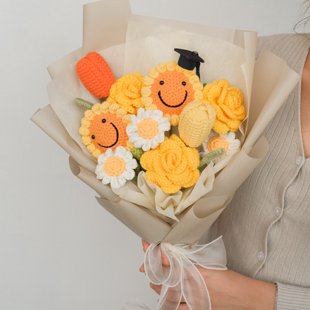 crochet flower graduation bouquet with sunflower, daisy, tulip and rose