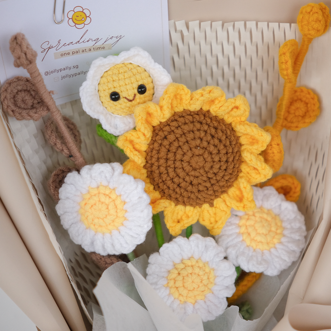 sunflower and daisy crochet flower with smiley flower