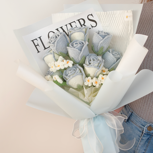 Infinite Love in Blue - Premium Crochet 9 Stalk Rose with Baby Breath Bouquet
