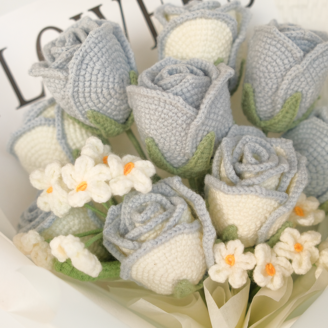 Infinite Love in Blue - Premium Crochet 9 Stalk Rose with Baby Breath Bouquet