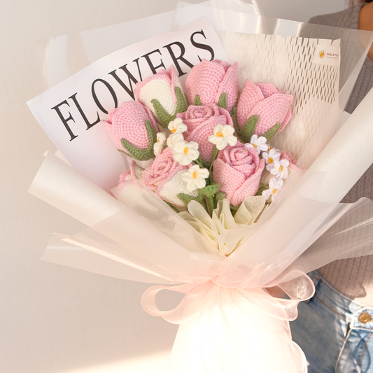 Infinite Love (Pink) -  Premium Crochet 9 Stalk Rose with Baby Breath Bouquet