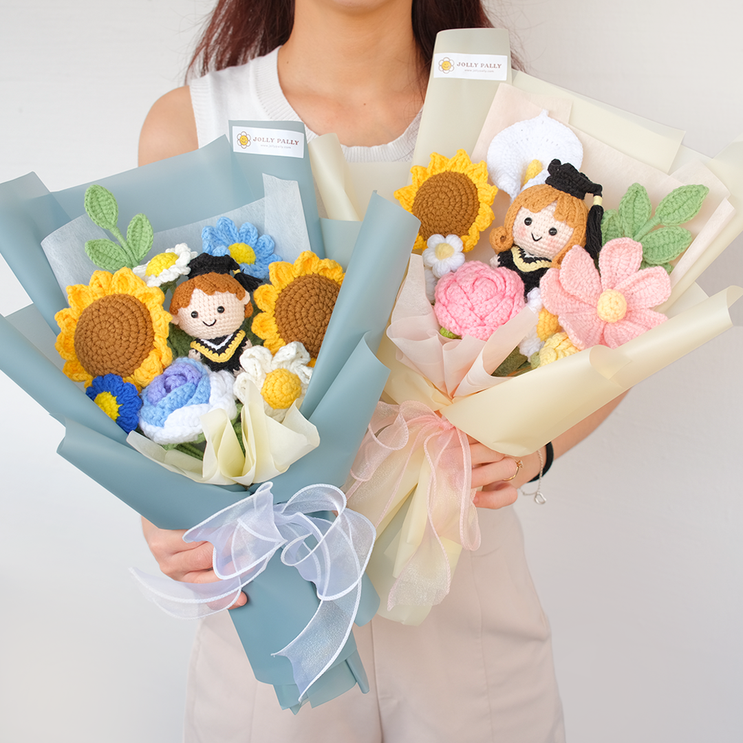 crochet flower bouquet with full body graduation doll (girl/boy)