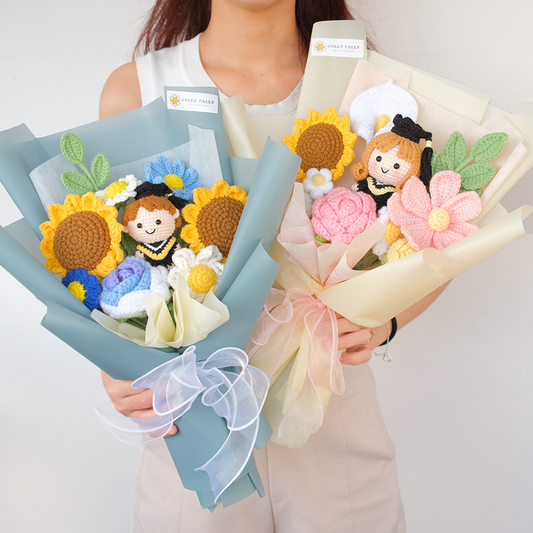 crochet flower bouquet with full body graduation doll (girl/boy)