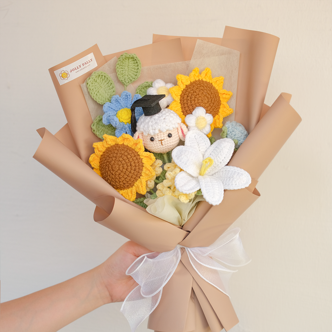 Graduation Crochet Sheep Sunflower Flower Bouquet