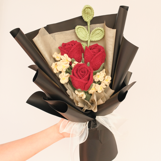 Premium Crochet Red Rose Flower Bouquet in black wrapping
