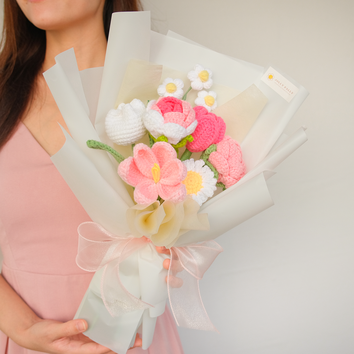 Crochet Flower Bouquet Singapore Valentine's Day with tulips, rose and daisy in white wrapping