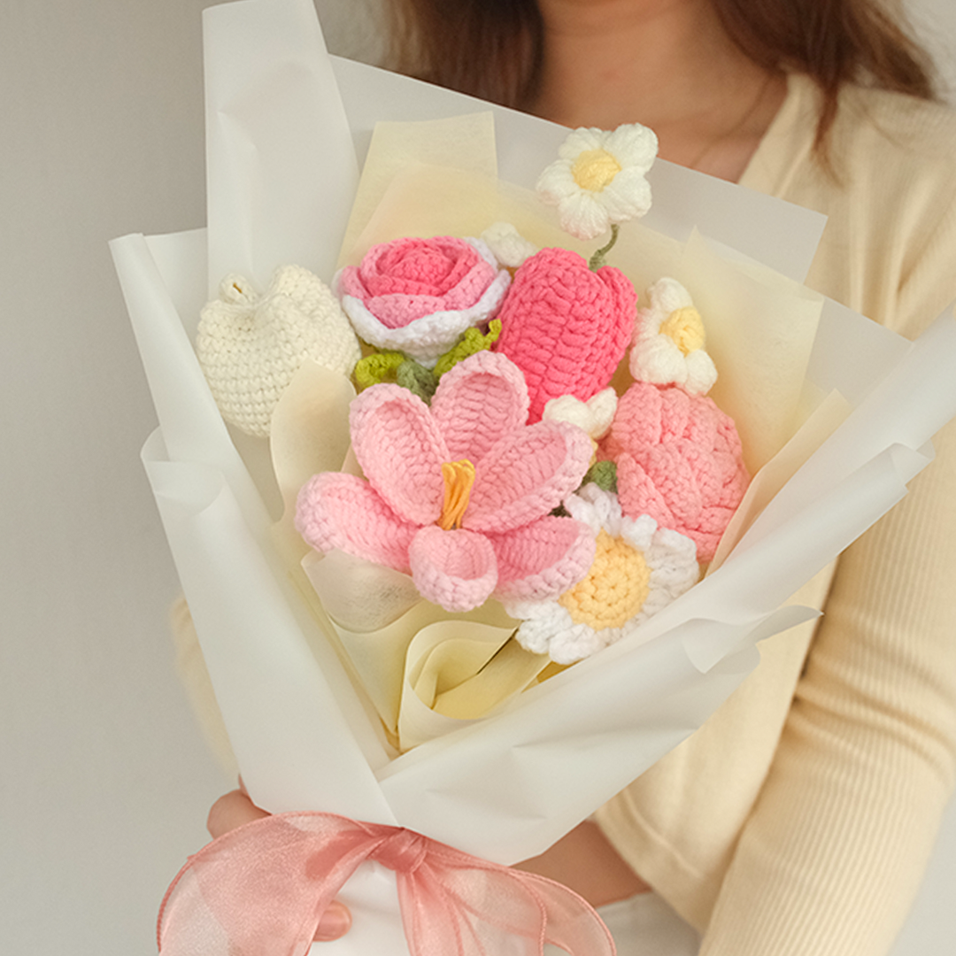 Crochet Flower Bouquet Singapore Valentine's Day with tulips, rose and daisy