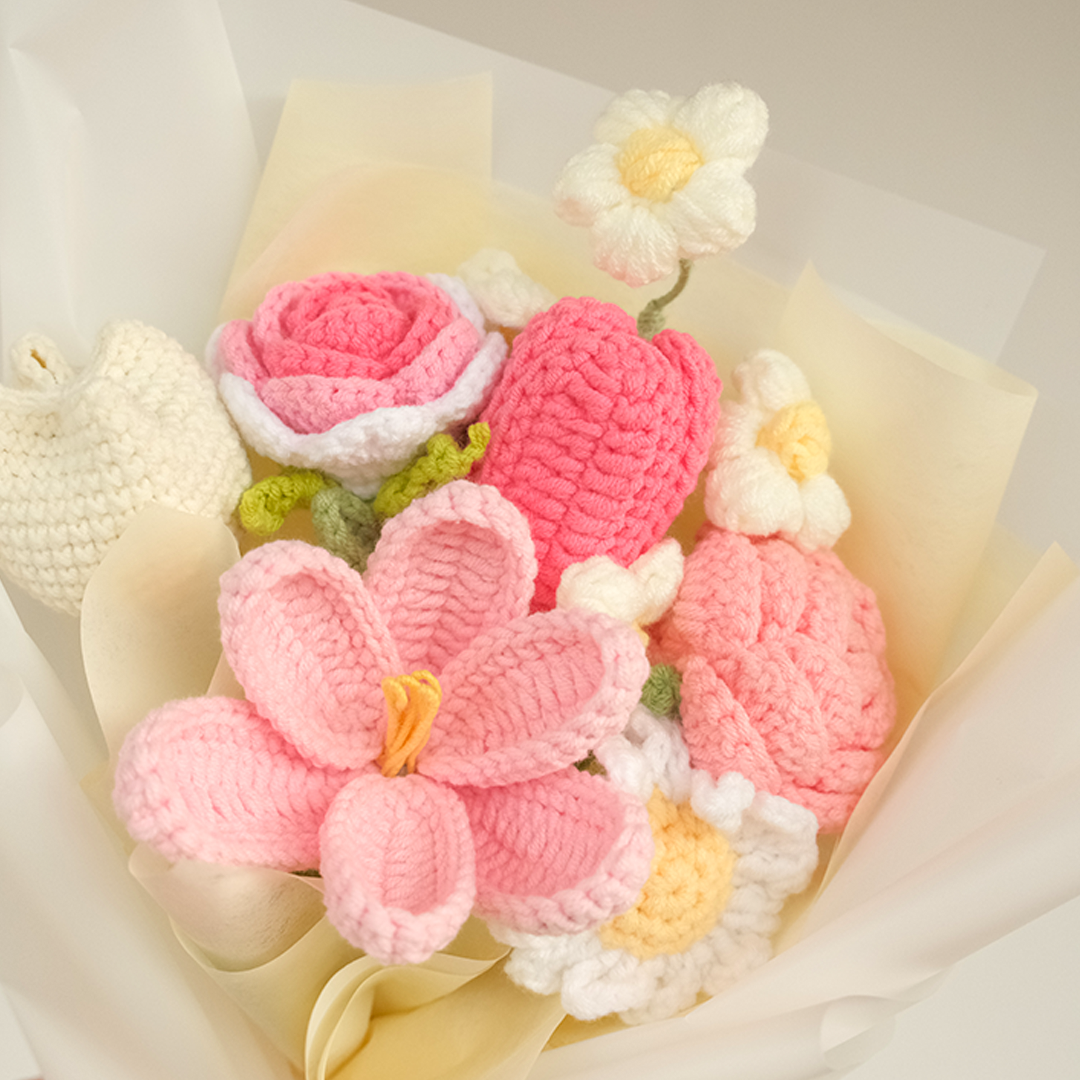 Crochet Flower Bouquet Singapore Valentine's Day with tulips, rose and daisy upclose