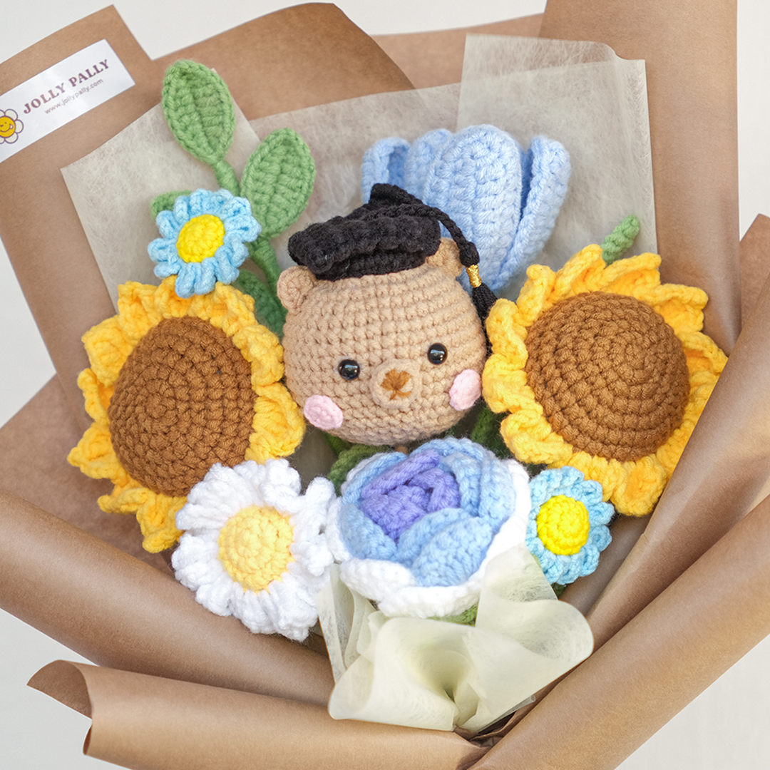 crochet graduation bear with handmade sunflower bouquet