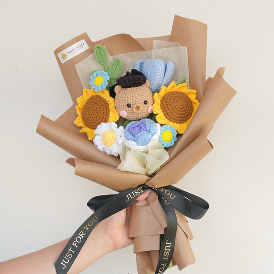 crochet graduation bear with handmade sunflower bouquet 