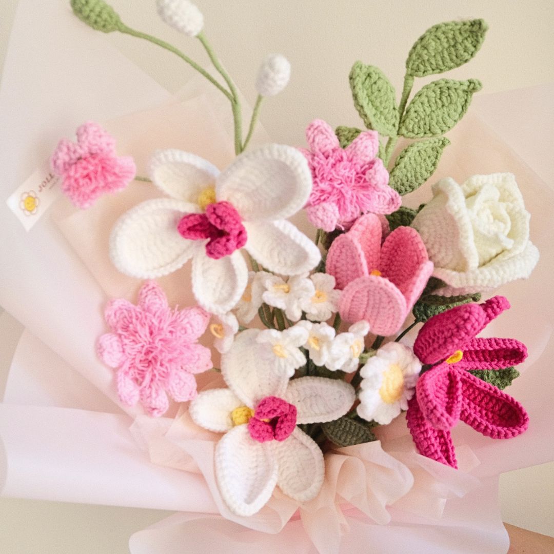 Blissfully yours - Crochet Orchid Mix Tulips Flower Bouquet