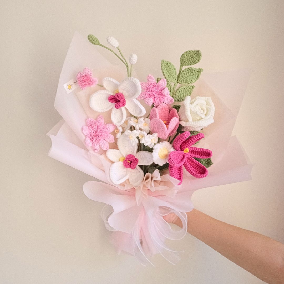 Blissfully yours - Crochet Orchid Mix Tulips Flower Bouquet