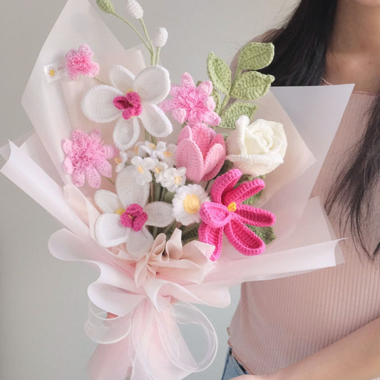 Blissfully yours - Crochet Orchid Mix Tulips Flower Bouquet