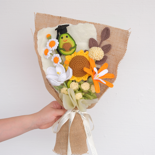 customised crochet flower bouquet with avocado amigurumi