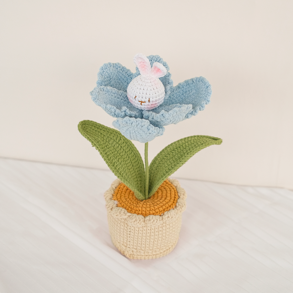 handmade crochet bunny flower tulip garden pot in blue