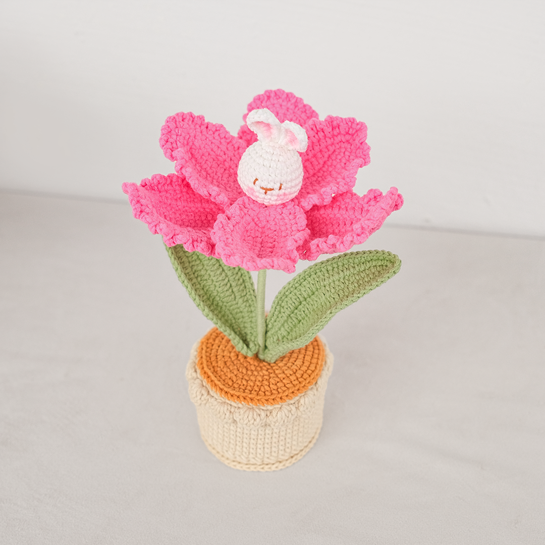 handmade crochet bunny flower tulip garden pot in pink 