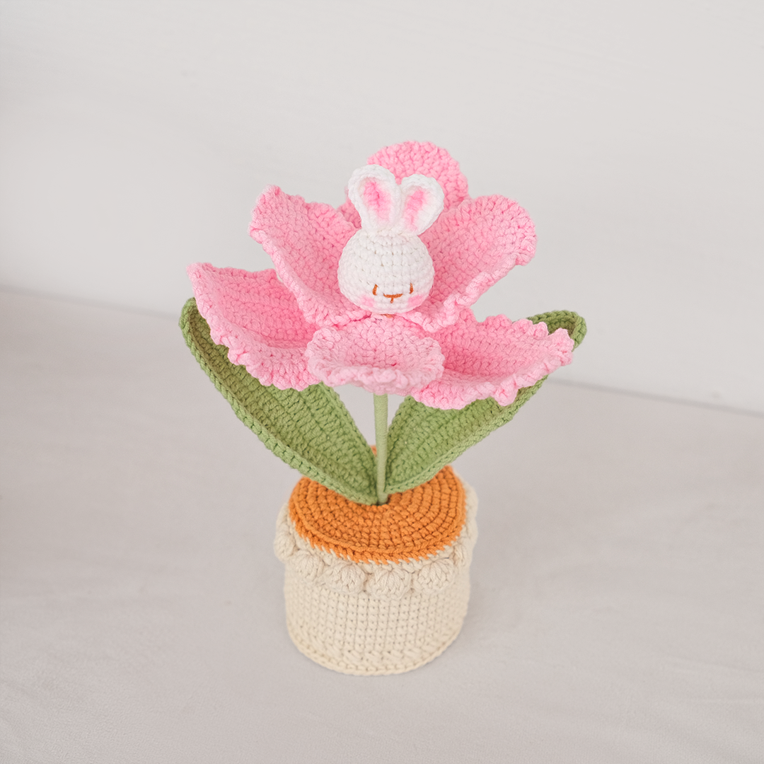 handmade crochet bunny flower tulip garden pot in light pink