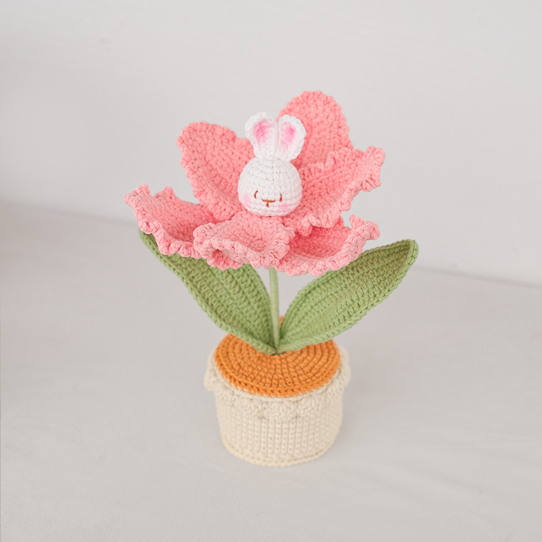 handmade crochet bunny flower tulip garden pot in peach