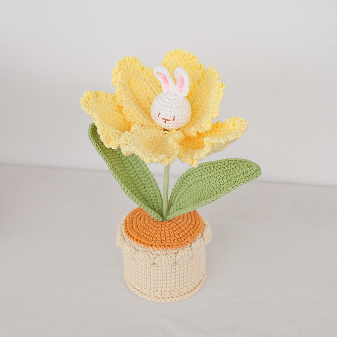 handmade crochet bunny flower tulip garden pot in yellow