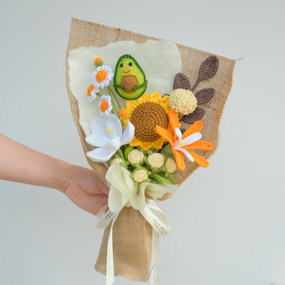 customised crochet flower bouquet with avocado amigurumi