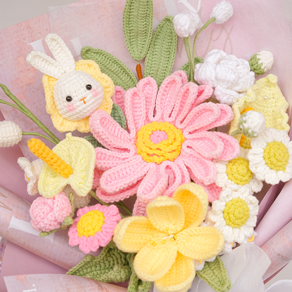 Bunny Bonanza - Pink Crochet Sunflower Graduation Bunny Bouquet