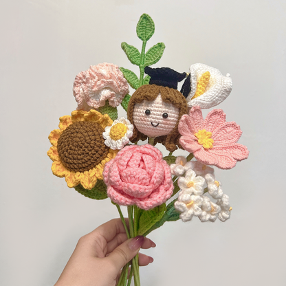 Grad Bloom - Crochet Graduation Doll and Sunflower Bouquet