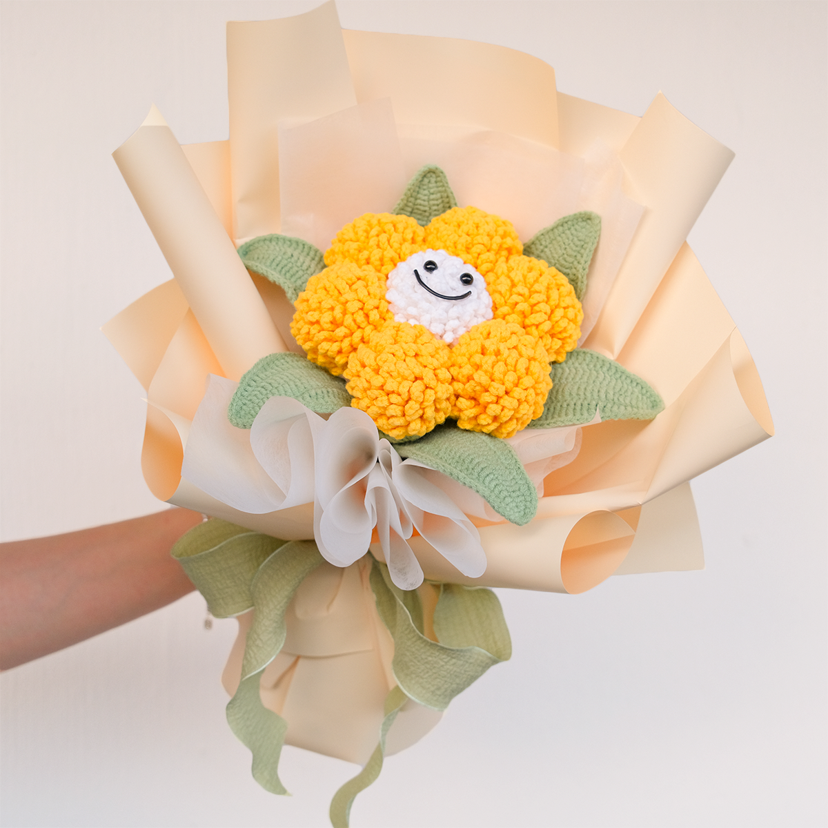 customised crochet flower bouquet with smiley face