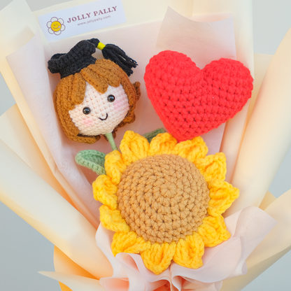 crochet sunflower XS bouquet with graduation doll girl