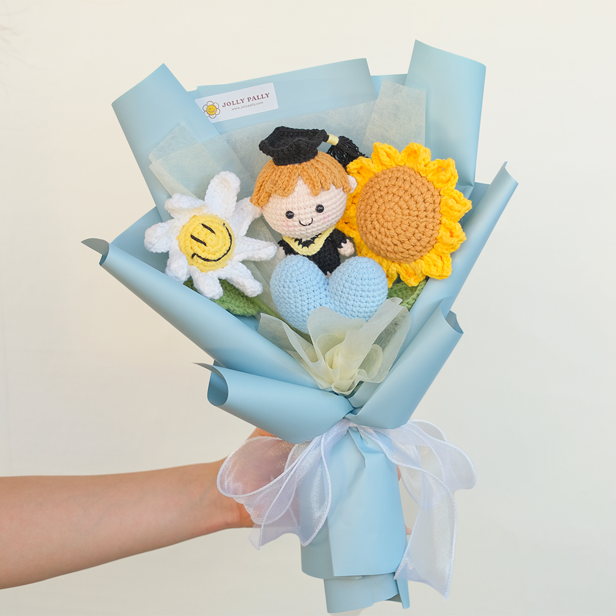 Mini Grad Bloom - Crochet Sunflower Bouquet with Graduation Doll