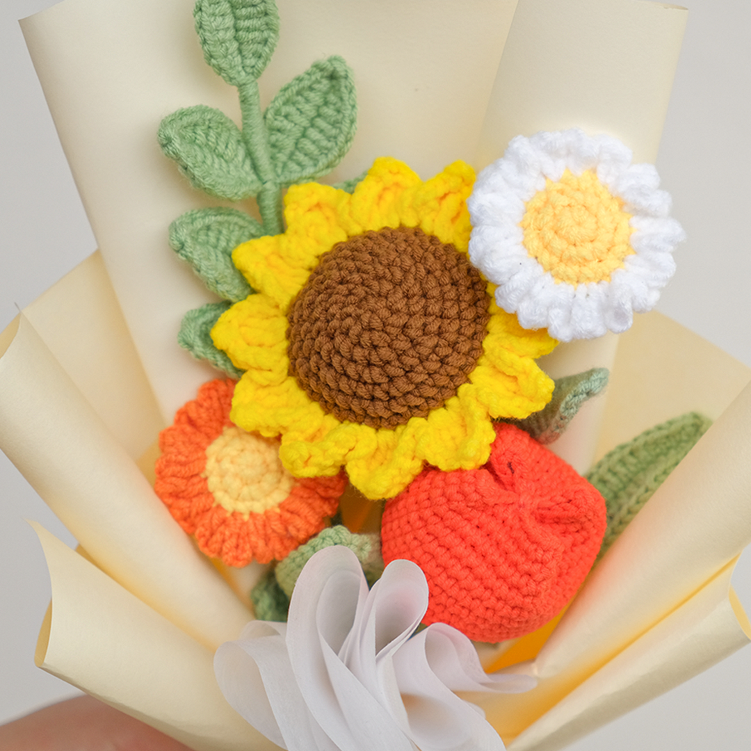 handmade crochet sunflower bouquet with daisy, tulips and eucalyptus leaves