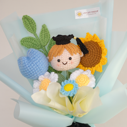 crochet sunflower S size bouquet with mini graduation doll boy