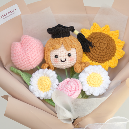 crochet sunflower S size bouquet with mini graduation doll girl