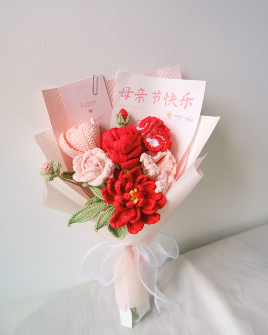 Mother's Day handmade crochet flower bouquet carnations tulips rose peony flowers gift 