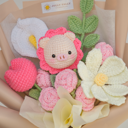 crochet flower pig graduation bouquet