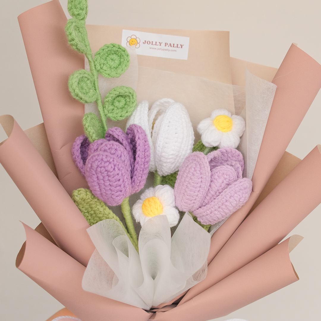 handmade crochet tulip flower bouquet purple and white