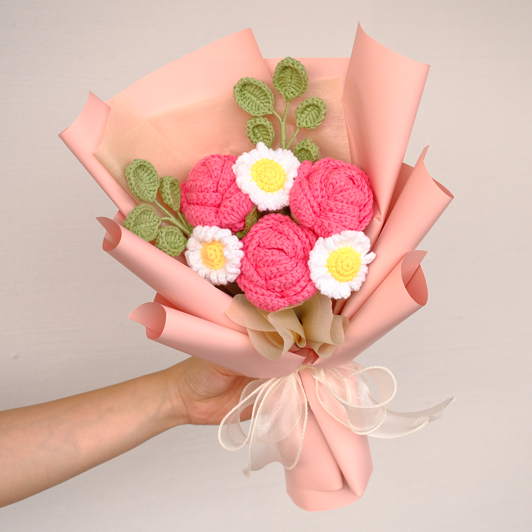 Crochet Rose Mix Flower Bouquet in bright pink