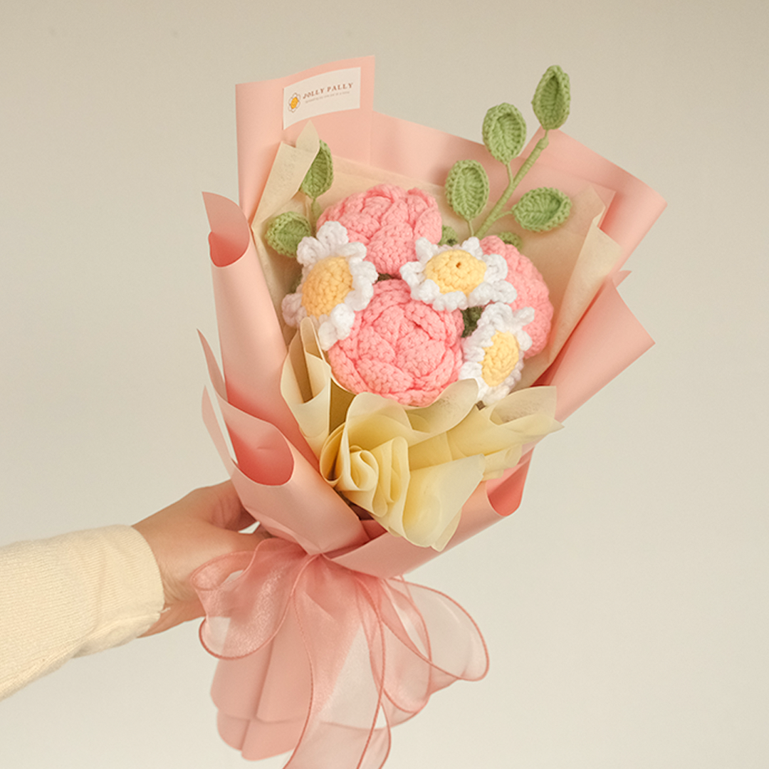 Crochet mix rose flower and daisy bouquets in pink Roses, Daisies, Eucalyptus