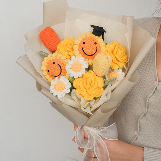 crochet flower graduation bouquet with sunflower, daisy, tulip and rose