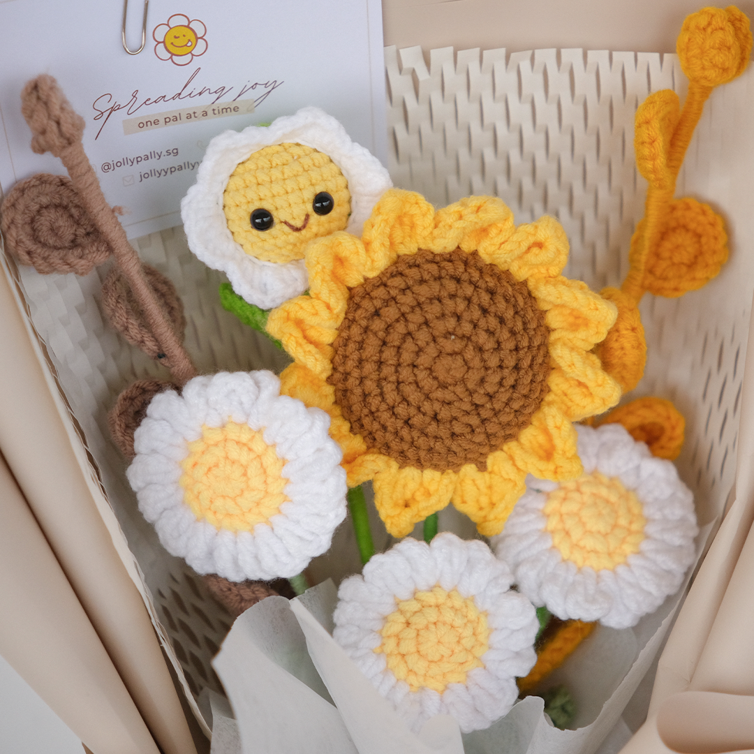 sunflower and daisy crochet flower with smiley flower 