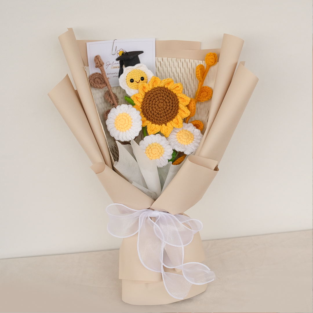 sunflower and daisy crochet flower with smiley flower and graduation hat