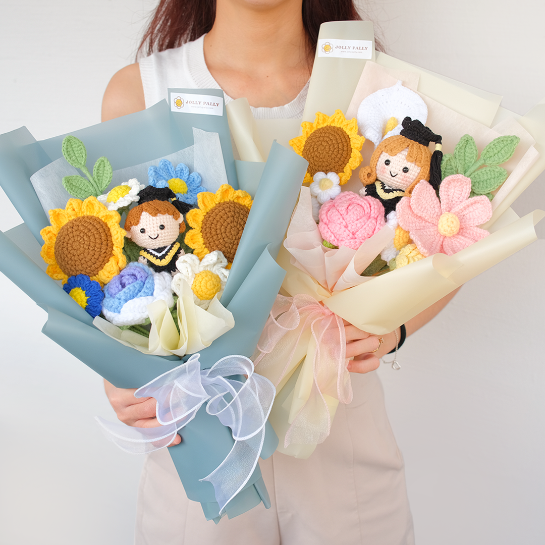 crochet flower bouquet with full body graduation doll (girl/boy) 