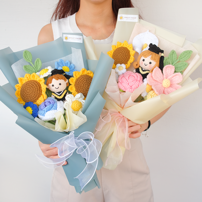 crochet flower bouquet with full body graduation doll (girl/boy) 