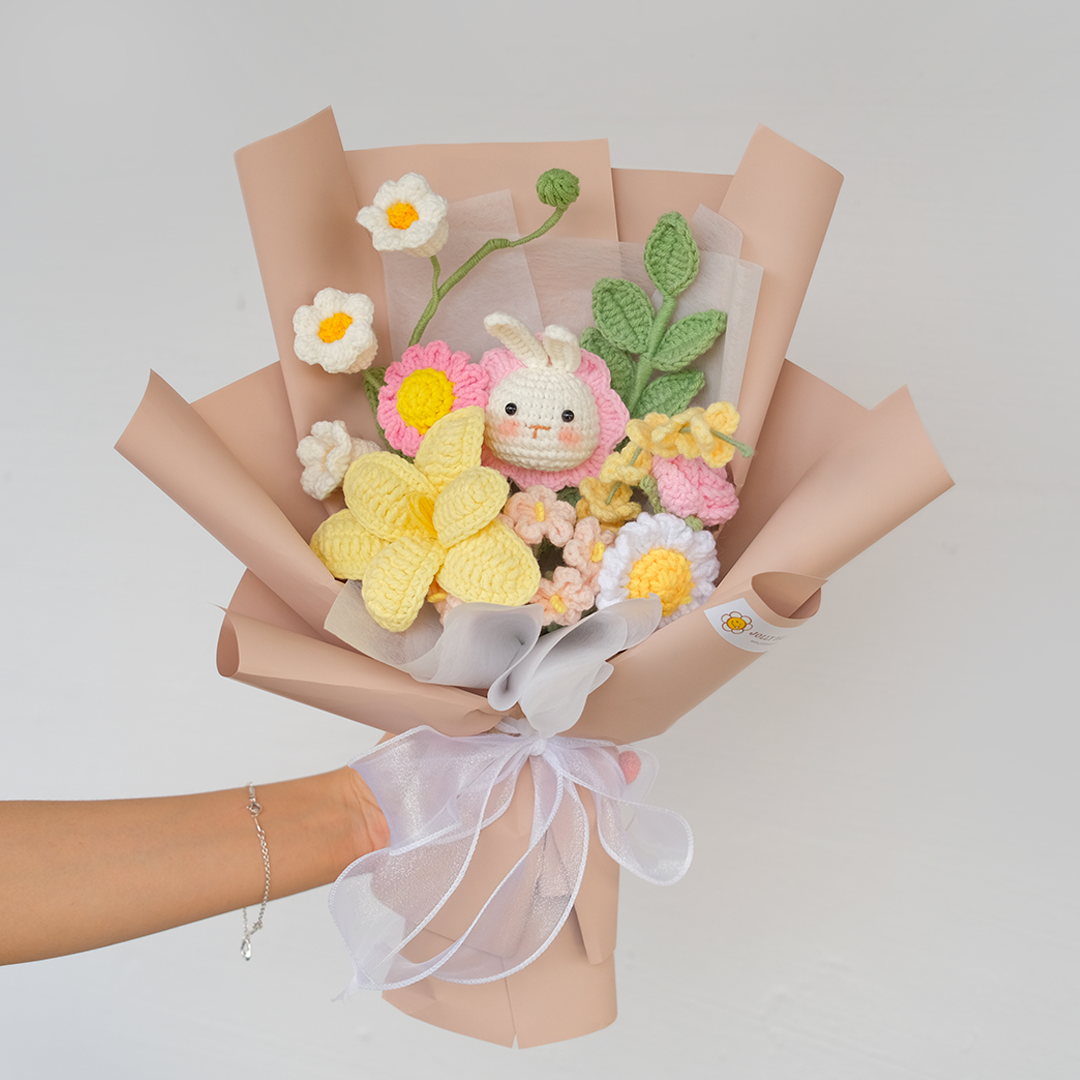 everlasting crochet flower rabbit bouquet in pink