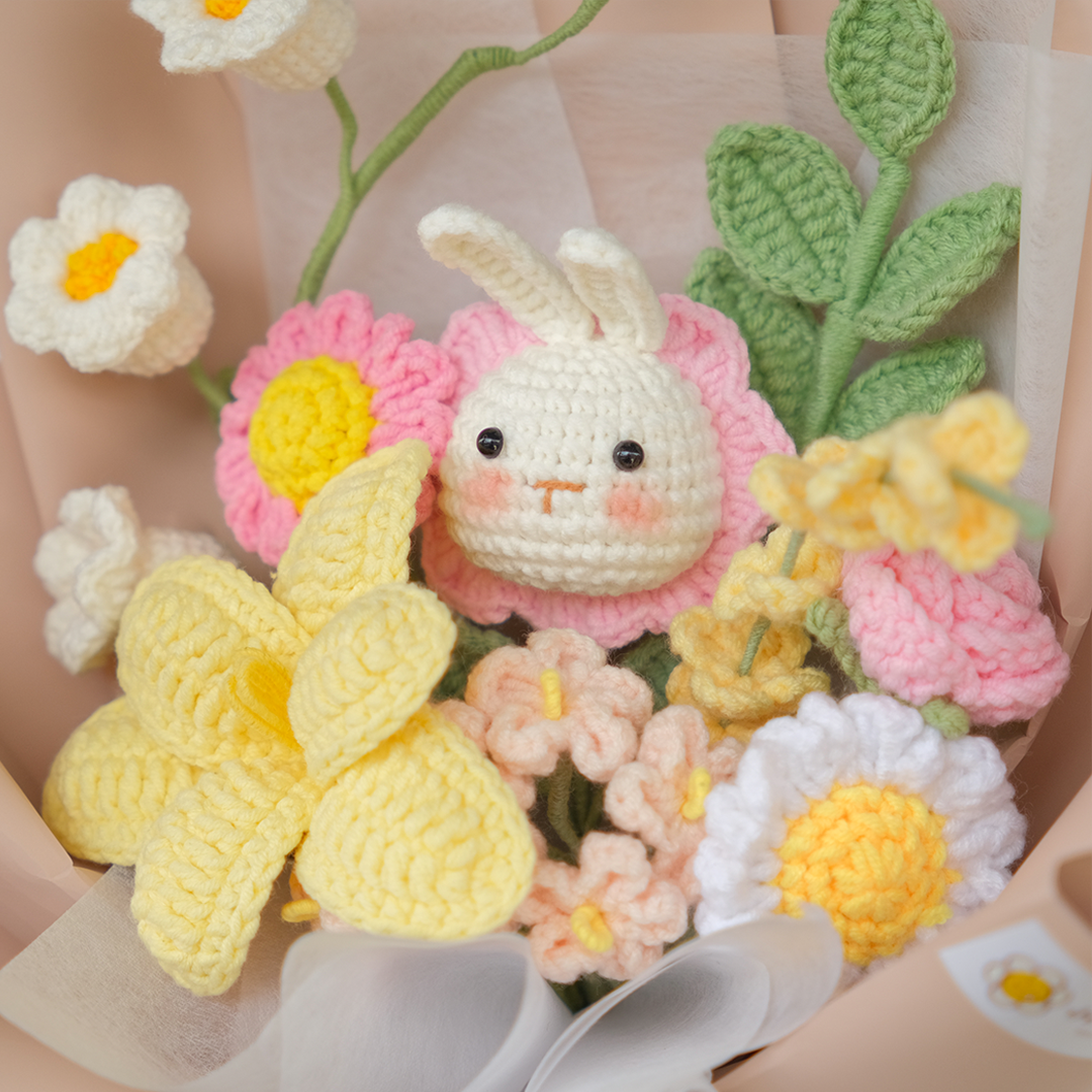 pink crochet flower rabbit bouquet