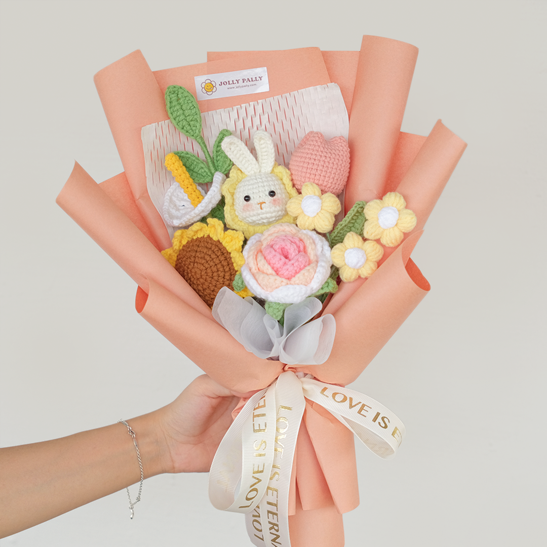 everlasting crochet flower rabbit bouquet in yellow